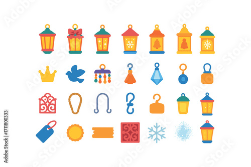 colorful flat vector icons Lanterns (Decorations) lantern ribbon lantern bow star cutout snow cutout bell cutout angel cutout crown charm dove charm bead fringe tassel fringe glass prism.