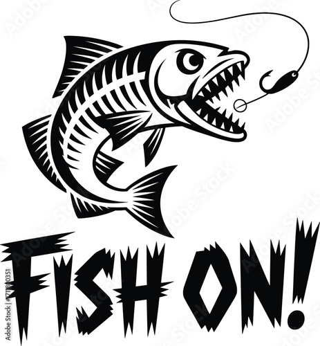 Aggressive fish skeleton jumping hooked fishing lure text fish on dramatic action