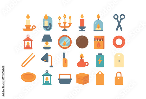 colorful flat vector icons Candles (Accessories) candle holder wall sconce table sconce floor stand glass shade metal shade mirror plate felt pad wick trimmer wick dipper snuffer cone.