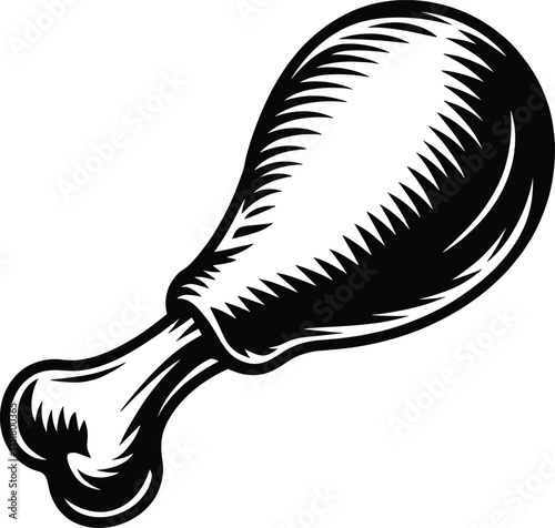 Classic black and white drawing of a cooked chicken drumstick food item