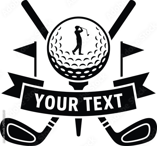 Stylized golf emblem with crossed clubs ball flags and ribbon for text