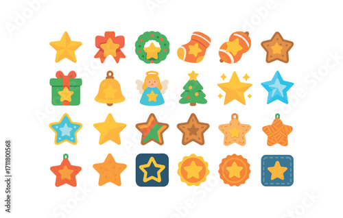 colorful flat vector icons Stars (Decorations) star ribbon star bow star wreath star stocking star candy star cookie star gift star bell star angel star tree star glitter star crystal star.