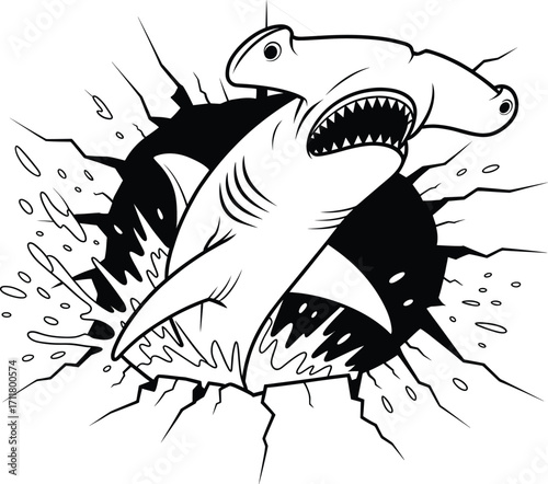 Fierce hammerhead shark breaking through with sharp teeth and intense gaze