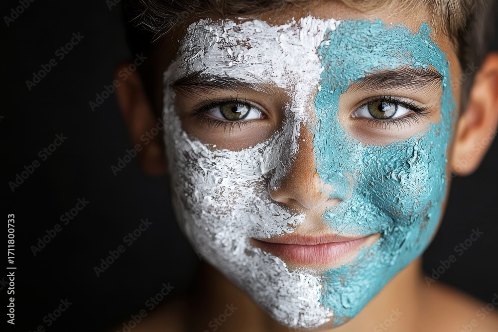 Fototapeta premium A young boy with a painted face, showcasing a mix of white and turquoise colors, gazes confidently at the camera against a dark background.