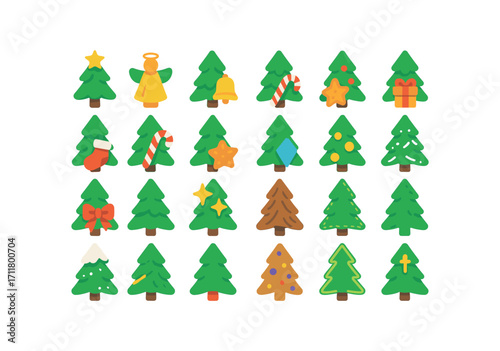 colorful flat vector icons Trees (Decorations) tree star tree angel tree bell tree wreath tree stocking tree candy tree cookie tree gift tree ribbon tree bow tree glitter tree crystal tree.