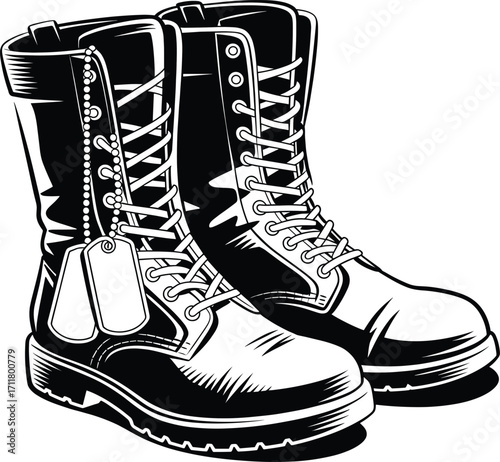 Pair of black combat boots with laces detailed hand drawn sketch