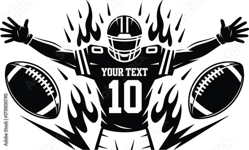American football player with flaming accents and footballs action graphic
