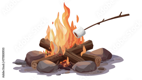 A digital illustration depicting a campfire with a marshmallow being roasted on a stick. The campfire is composed of several logs arranged in a criss-cross pattern and surrounded by grey rocks on a