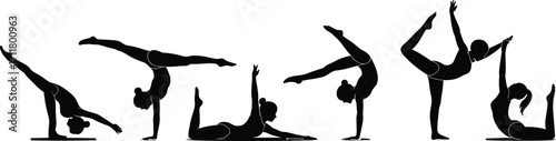 Gymnast silhouettes, women doing gymnastics, athletic girls balance poses, fitness workout illustration, flexible women exercise, acrobatic movements, strength training, body flexibility art