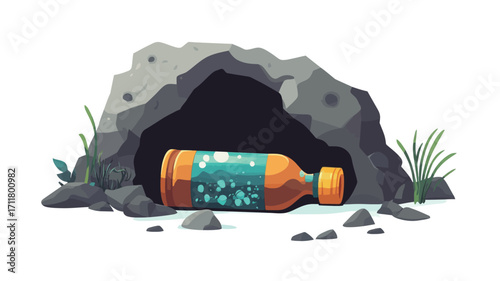 A digital illustration depicting a discarded plastic bottle lying inside a dark cave opening in a rock formation.  The bottle is amber-colored with a teal and white label.  