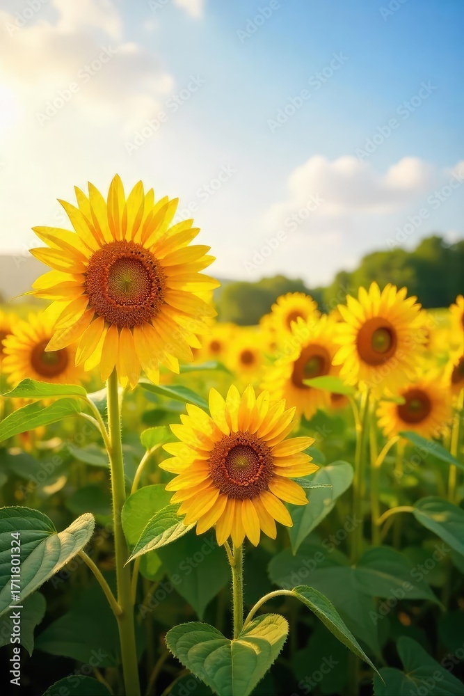 Obraz premium Vibrant sunflowers basking in the warm glow of summer sunshine, their golden petals reaching towards the sky A picturesque scene of nature's beauty and idyllic summer days , warm, summer