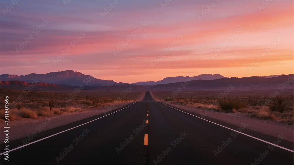 Fototapeta premium A Long Empty Road Stretching Under a Colorful Sunset Sky