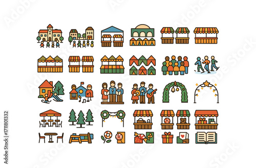 colorful flat vector icons Markets (Scenes) market square market street market hall stall row booth line tent alley crowd flow kids zone choir spot stage skate ring sled slope tree lane.