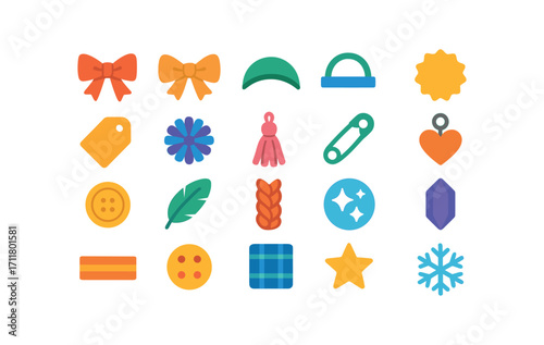 colorful flat vector icons Hats (Decorations) hat ribbon hat bow hat trim hat hat badge hat patch hat label hat pom hat tassel hat pin hat clip hat charm hat button hat feather hat braid.