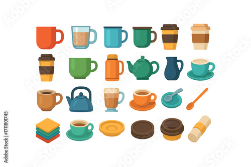 colorful flat vector icons Hot Drinks (Vessels) ceramic mug glass mug tin mug enamel mug paper cup travel cup stone cup wood cup thermos flask tea pot coffee pot kettle pot pitcher jug.