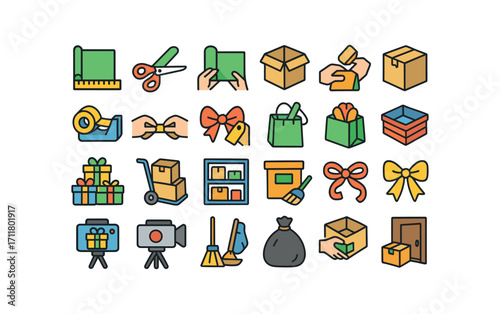 colorful flat vector icons Wrapping (Scenes) paper measuring paper cutting paper folding box building box filling box closing tape pulling seam sealing bow making tag writing bag stuffing.