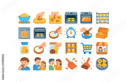 colorful flat vector icons Cookies (Scenes) dough chilling dough stamping dough cutting tray loading tray rotating oven preheating oven opening oven closing timer beeping rack cooling glaze.