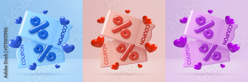 3d coupons icon with percentage sign and hearts in blue, pink and purple color. Vector illustration