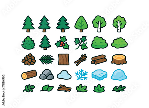colorful flat vector icons Winter Forest (Types) pine tree fir tree spruce tree larch tree birch tree aspen tree cedar tree juniper tree holly bush ivy vine moss patch lichen patch cone.