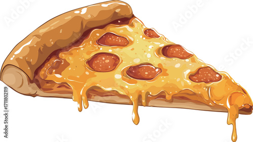 A digital illustration of a single slice of pepperoni pizza. The pizza has melted cheese dripping down the sides. The style is cartoonish with a focus on vibrant colors and exaggerated textures to