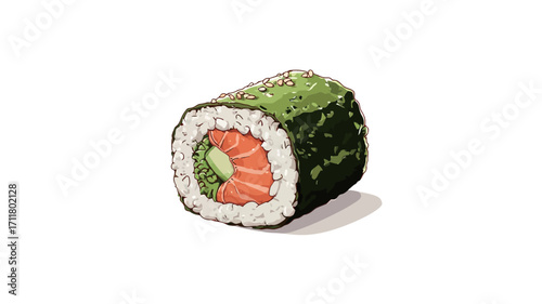 A digital illustration of a single maki sushi roll. The roll is depicted in a slightly angled view, showing a cross-section of the inside.  Visible ingredients include white rice, a slice of orange