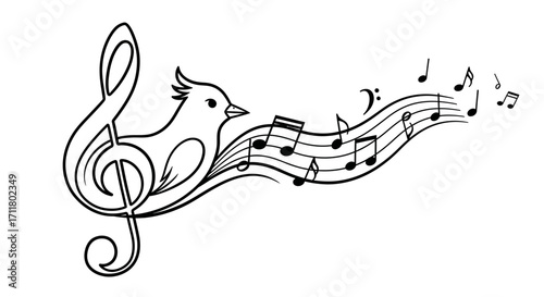 Chirping bird with flowing musical notes and treble clef creates a melodic visual symphony