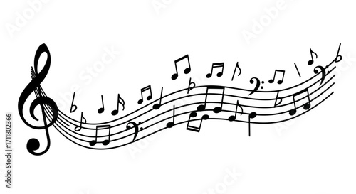 Elegant musical notes and clef flow across staff, creating harmonious visual rhythm for creative projects