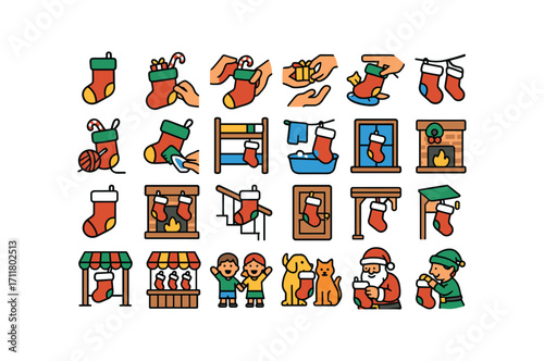 colorful flat vector icons Stockings (Scenes) stocking hanging stocking filling stocking emptying stocking gifting stocking wrapping stocking sewing stocking knitting stocking patching.