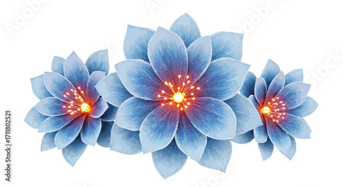Captivating blue lotus flowers bloom with radiant glowing centers, offering serene beauty and natural elegance.