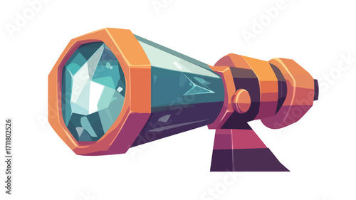 A stylized cartoon illustration of a telescope. The telescope is depicted in a vibrant color scheme with orange and teal accents. The design is relatively simple, with a focus on clear shapes and