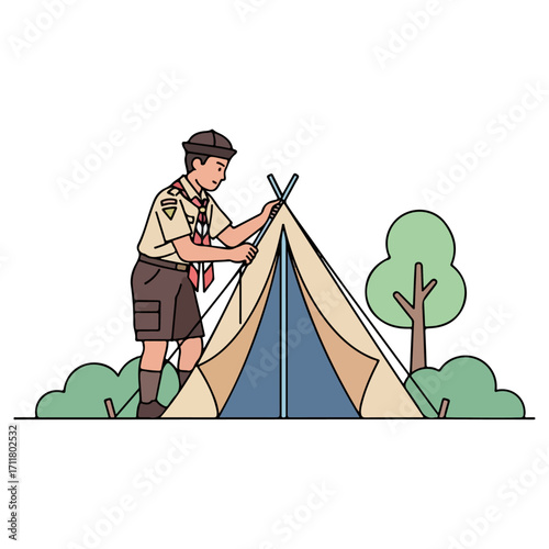 Boy Scout Erecting Tent Outdoors Camping Adventure Activity.