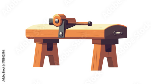 A digital illustration of a simple wooden workbench with a vise mounted in the center. The workbench is light orange/brown, low to the ground with simple A-frame style legs. The vise is a dark