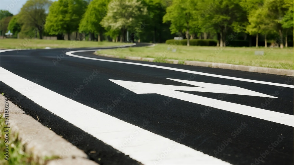 Obraz premium Smooth black road with white directional arrows in a green park