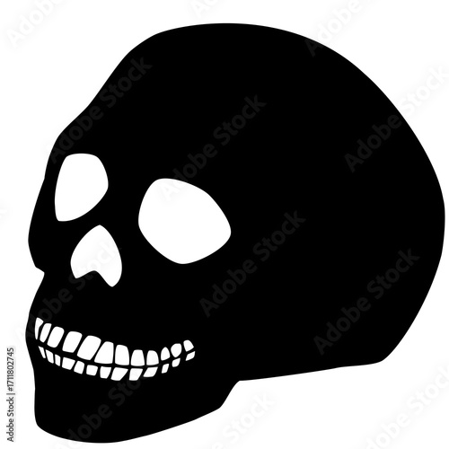 Black human skull isolated on white background, side view. Spooky pirate head bone icon. Scary evil cartoon dead face logo. Dia de los muertos (day of the dead) symbol, vector design eps 10