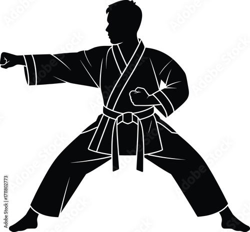 Karate fighter in a strong fighting stance executing a powerful punch silhouette