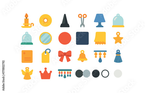 colorful flat vector icons Candle Holders (Decorations) wax catcher drip ring snuffer cone wick trimmer shade screen glass dome mirror plate felt pad velvet pad polish cloth care card tag.