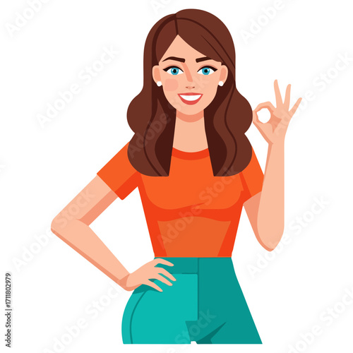 Smiling woman in orange shirt showing okay gesture.