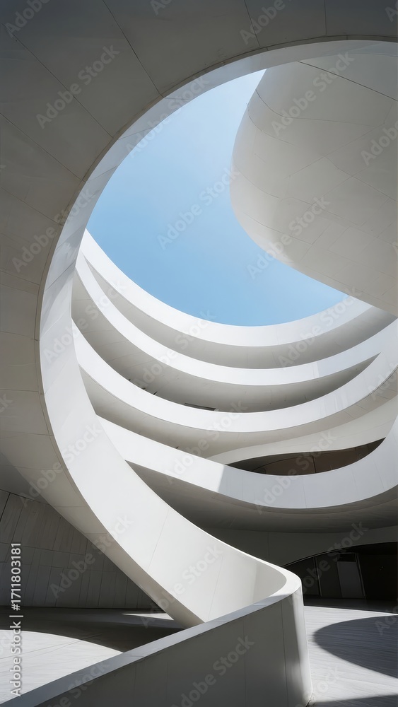 Fototapeta premium Modern architectural structure with curved white forms and circular opening to sky
