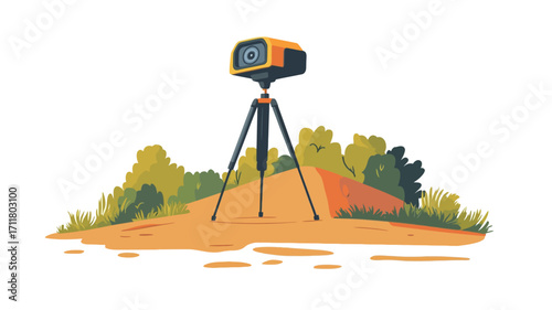 A cartoon illustration of a yellow and black 3D laser scanner mounted on a black tripod, positioned on a small hill or mound. The background shows stylized green bushes and earth tones.