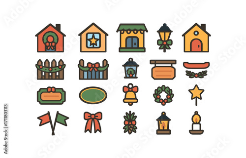colorful flat vector icons Village Houses (Decorations) door wreath window star roof lights fence garland porch bow gate bow lamp crown sign board name board number plate bell rope banner.