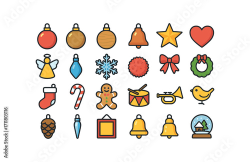 colorful flat vector icons Ornaments (Types) glass ball metal ball wooden disc clay bell paper star felt heart fabric angel crystal drop plastic snow yarn pom ribbon bow mini wreath.