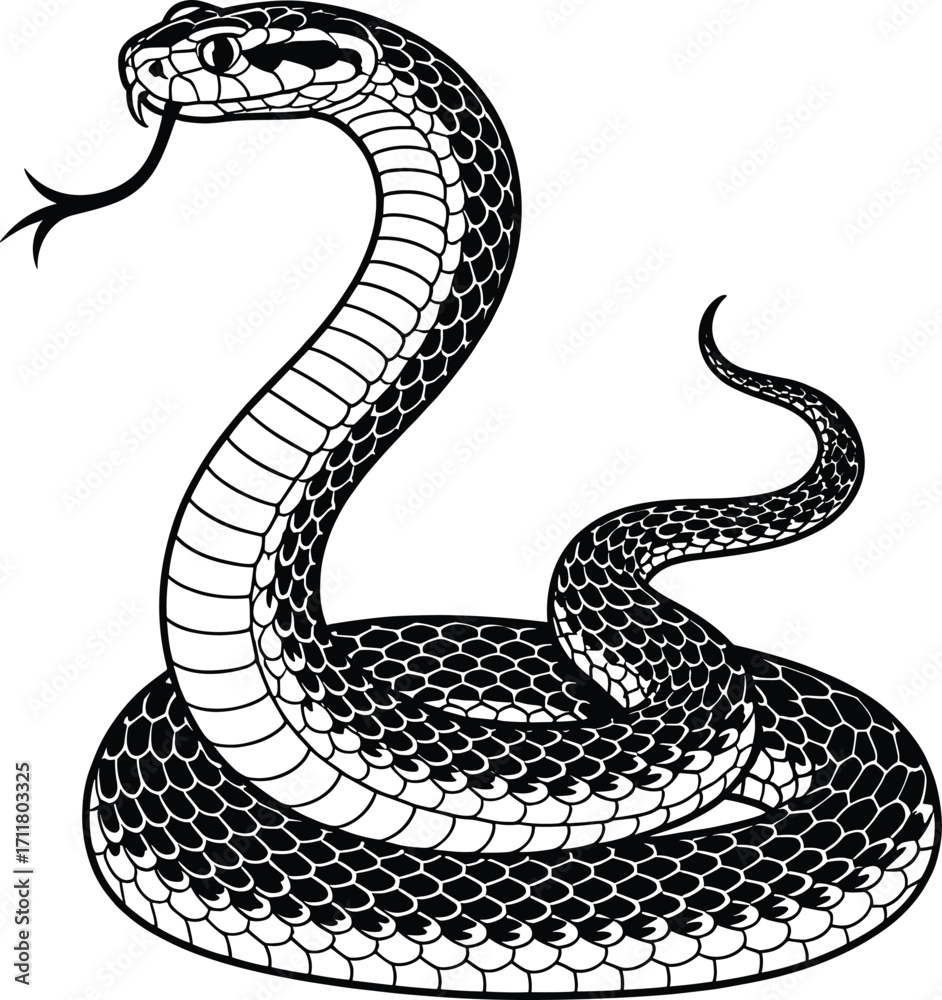 Fototapeta premium Aggressive cobra snake coiled ready to strike detailed ink drawing danger warning symbol