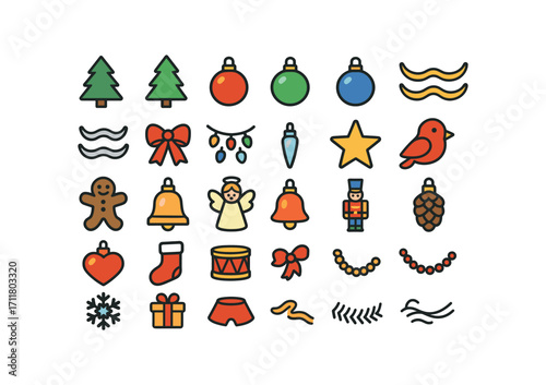 colorful flat vector icons Trees (Decorations) red bauble green bauble blue bauble gold garland silver garland ribbon bow string lights glass icicle candy cane gingerbread man bell ornament.