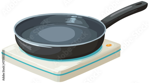 A digitally rendered isometric illustration of a black frying pan with a black handle sitting on a small, square, white electric hot plate with a teal colored border. The pan appears to be empty,