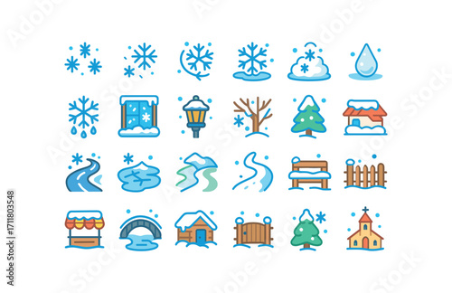 colorful flat vector icons Snowflakes (Scenes) snow falling flake drifting flake swirling flake piling flake melting flake freezing window frost lamp frost branch frost roof frost road ice.