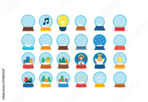 colorful flat vector icons Snow Globes (Types) classic globe music globe light globe mini globe giant globe glass globe plastic globe wood base metal base resin base round base square base.