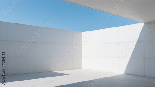 Minimalist white architectural space with clean lines and strong shadows under clear blue sky