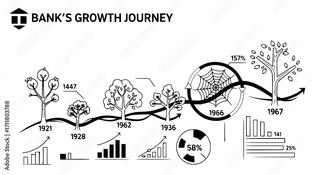 Naklejka premium Banks growth journey timeline from 1921 to 1967 with trees and charts