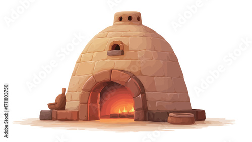 A digital illustration of a clay oven. The oven is dome-shaped with a large arched opening revealing a glowing fire within. The oven is made of light brown clay with visible texture. 