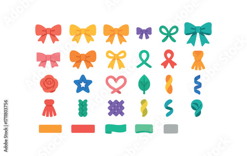 colorful flat vector icons Ribbons (Types) single bow double bow triple bow mini bow jumbo bow flat bow puffy bow tail bow loop bow knot bow ribbon rose ribbon star ribbon heart ribbon leaf.